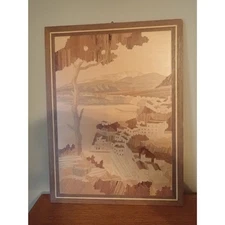 Inlaid Wood Picture Marquetry Inlay Tree Vintage Landscape Wall Hanging Folk Art