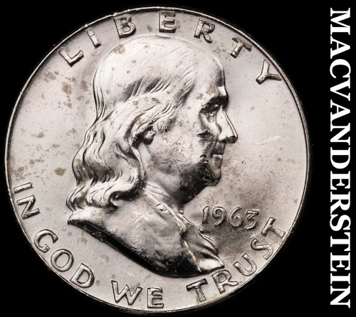 1963-D Silver Franklin Half Dollar - Splotchy  Choice Gem Brilliant Unc  #G8245