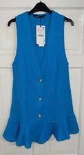 ZARA BLUE TURQUOISE TEXTURED RUFFLED HEM MINI PINAFORE DRESS WITH BUTTONS SIZE S