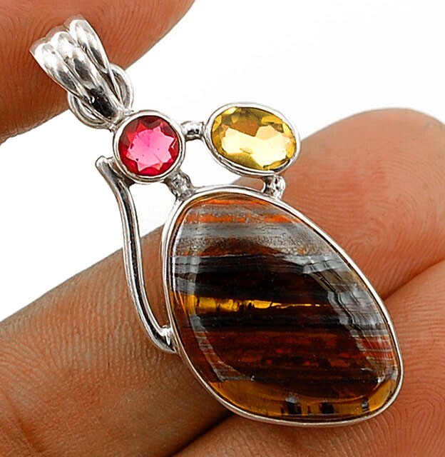 Natural Tiger Iron Jasper Citrine Tourmaline 925 Silver Pendant