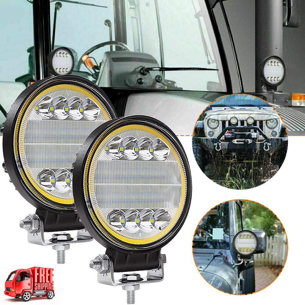 2PCS 4''inch Round LED Work Lights Spot Flood Offroad Amber Driving Fog Lamp ATV