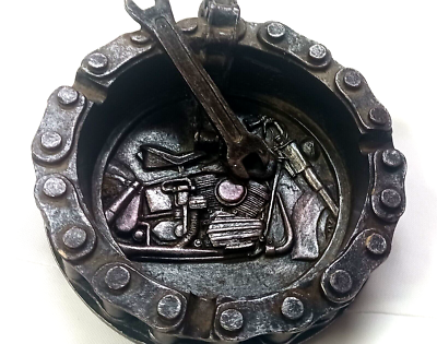 MOTORCYCLE CHAIN ROUND ASHTRAY WITH WRENCH AND BIKE MOTIF BIKER