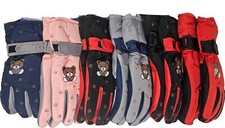 Kids Gloves Winter Ski Faux Fur Lined Hook  Loop Strap Waterproof, Bear Prints