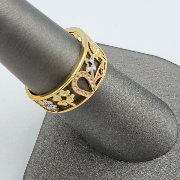 Alternate view of Tri Tone Gold Plated Good Luck Owl Elephant Eye Clover Buena Suerte Ring