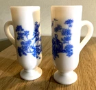 Set of 2 Vintage Avon Cups w/ Handles Blue Victorian Milk Glass Footed 5"