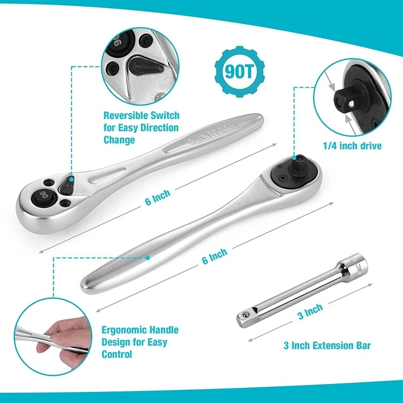 DURATECH 1/4" Dr Socket Set 20PC Metric Bit Sockets Ratchet Wrench Extension Bar - Image 4 of 4