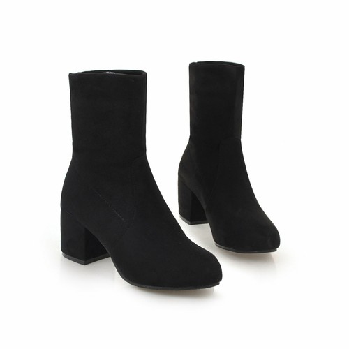 Women's Mid Block Heel Shoes Black/Blue/Brown Suede Fabric Round Toe Ankle Boots - Picture 13 of 31