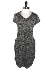 PERCEPTIONS Size 14 A-Line Dress Black Brown Animal Print Cap Sleeve Pockets