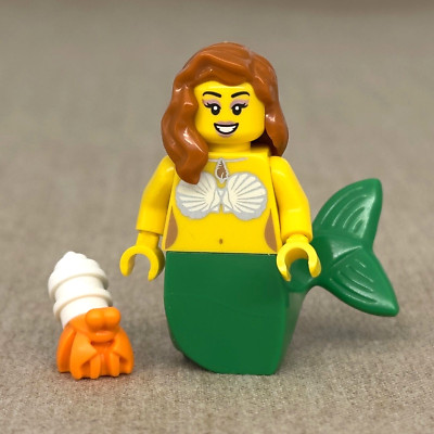 Lego Mermaid & Hermit Crab Minifigure w/ Shell Bra Necklace Green Tail BAM - NEW
