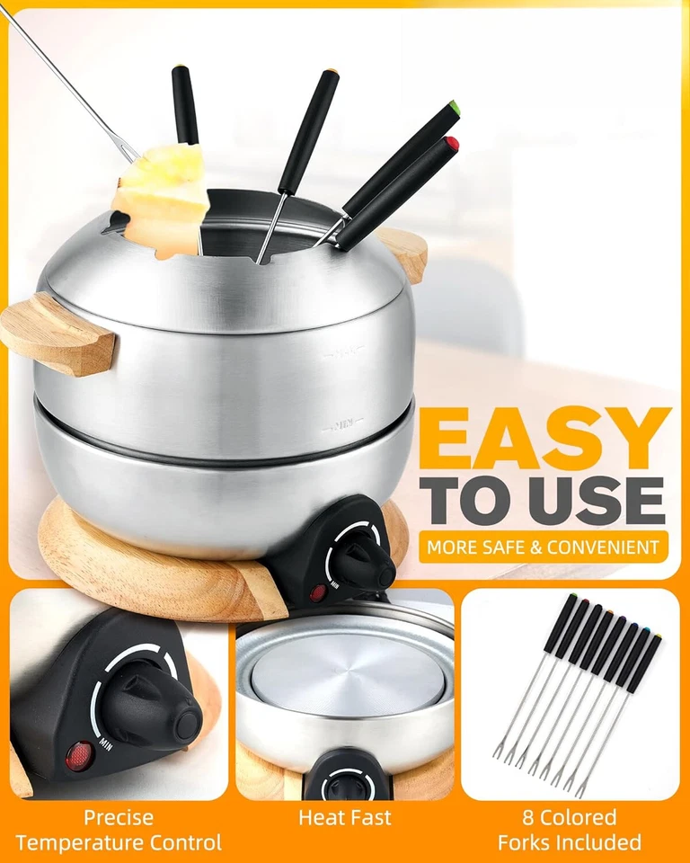 Stainless Steel Fondue Pot, 6-Cup Electric Fondue Set, 8 Color-Coded Forks - Image 4 of 4