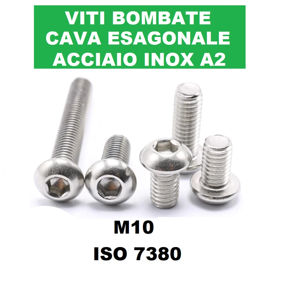 VITI M10 IN ACCIAIO INOX TESTA BOMBATA CAVA ESAGONALE PERNI BULLONI BOTTONE 7380 - Immagine 4 di 4