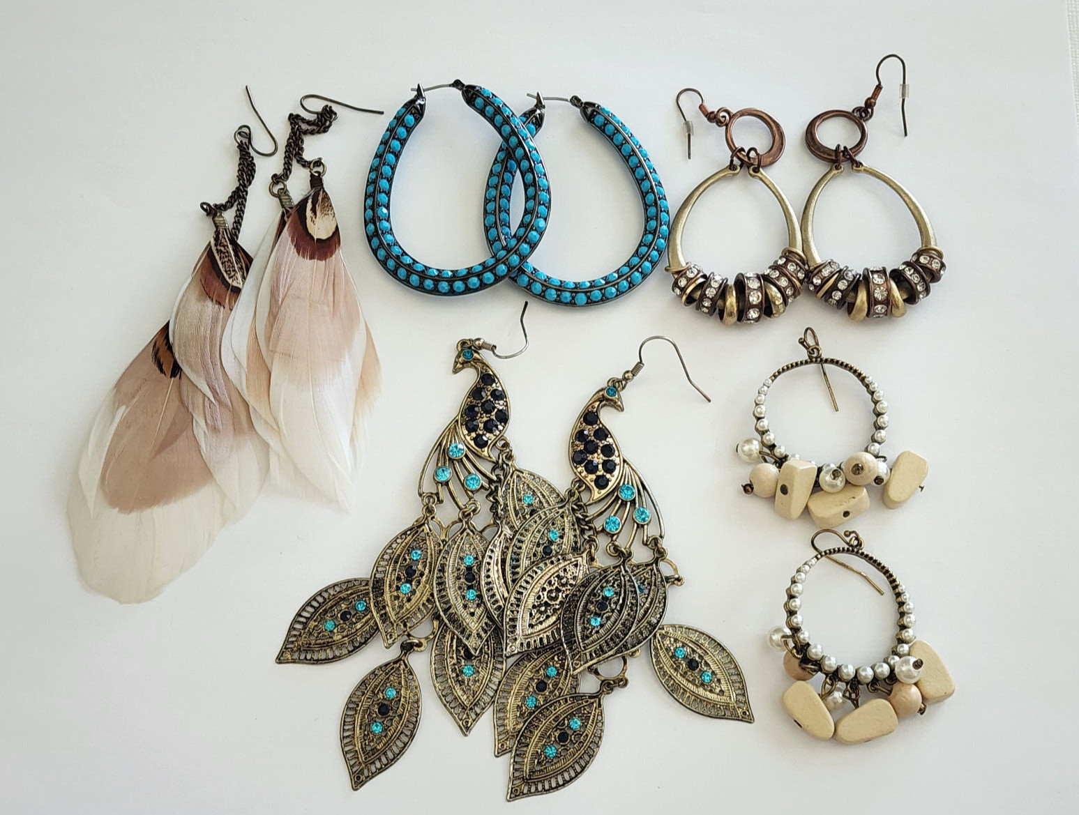 Statement Earrings Peacock Feather Dangle Drop Pe… - image 2