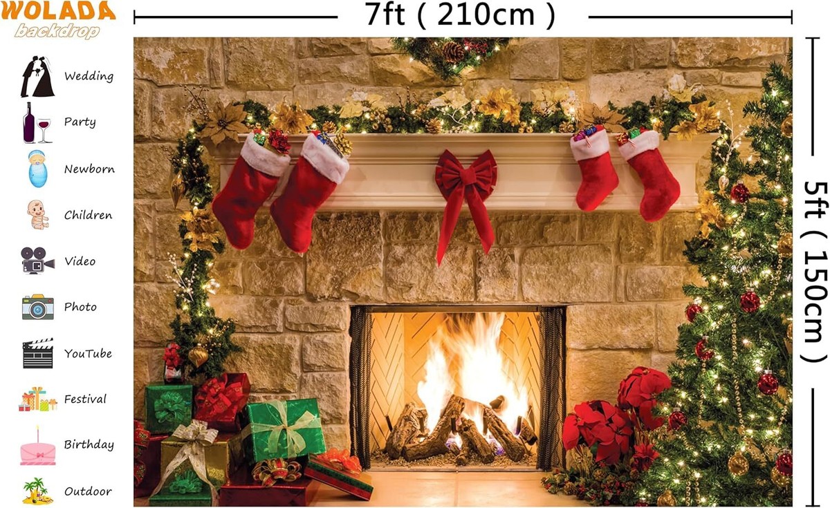 10x8ft Christmas Fireplace Photo Backdrop - Holiday Photography Background For Parties
