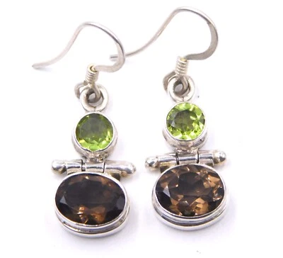 925 Sterling Silber Handgefertigter Peridot & Rauchquarz Ohrring, Tropfen - Bild 1 von 4