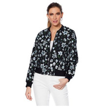 Eva Longoria Womens Jacquard Bomber Jacket Navy/olive Green Floral, Sz Md
