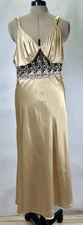Val Mode Lingerie Long Flowing Nightgown Gold Satin Sheer Black Floral Lace VTG
