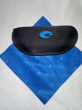 Costa Del Mar Sunglasses Zip Up Hard Shell Black Blue Logo Case Cleaning Cloth