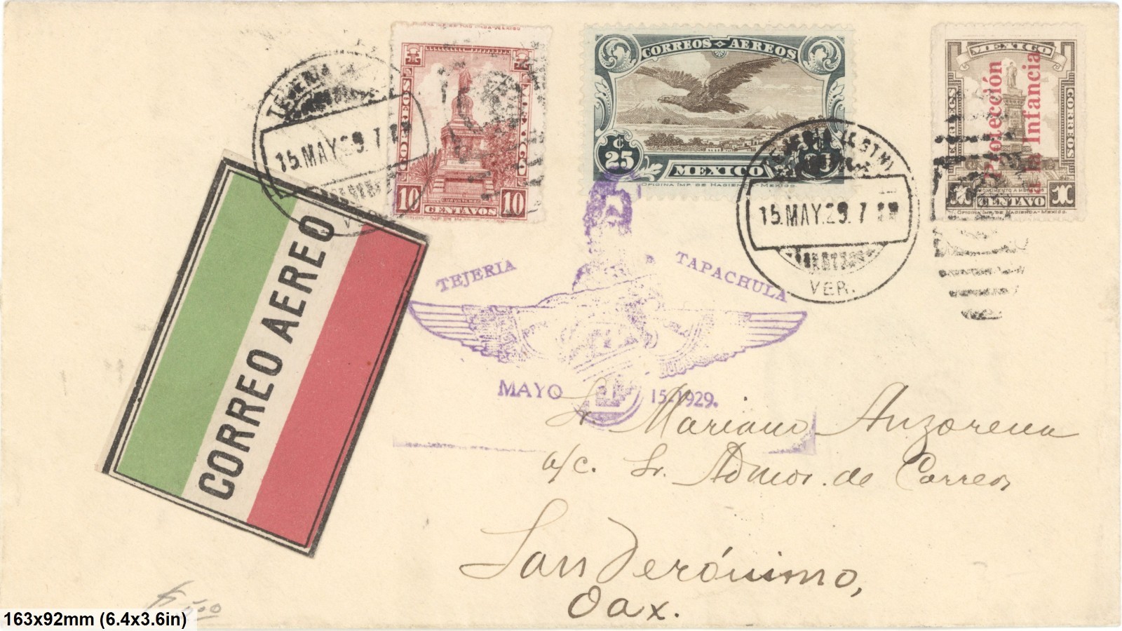 Mexico 1929 Airmail Cover Tapachula Veracruz To Oaxaca Mixed Franking