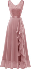Berylove Abendkleid Damen Lang V-Ausschnitt Ärmellos Chiffon Elegant Vokuhila Kl