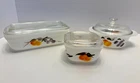 VTG 3PC SET FIRE KING REFRIGERATOR DISHES GAY FAD FRUIT PATTERN MCM
