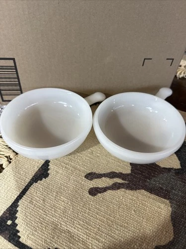 Vintage Milk Glass Handled Soup Bowls Set of 2 White Glass Chili Cups