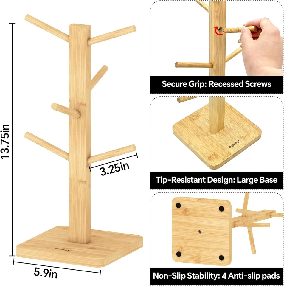 Mug Holder Tree 6-Hook Coffee Cup Rack with Anti-Slip Base Multi-Purpose - Image 2 of 4