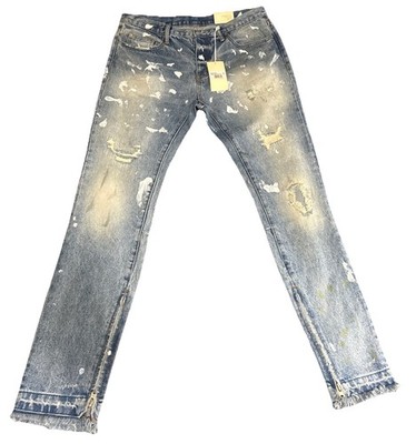 MNML Jeans Mens 36x32 Blue Slim Fit Distressed Paint Splatter Button Fly Zippers