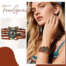 Women Butterfly Leather Wrap Bracelet Boho Multi-Layer Infinity Cuff Bangle