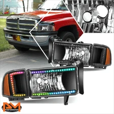 For 94-02 Dodge Ram 1500 2500 3500 RGB Light Bar Black/Amber Headlights Lamps