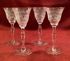 Set (4) Crystal Facet Cut Stem Cordial Glasses Ornately Etched w/ Birds & Grapes