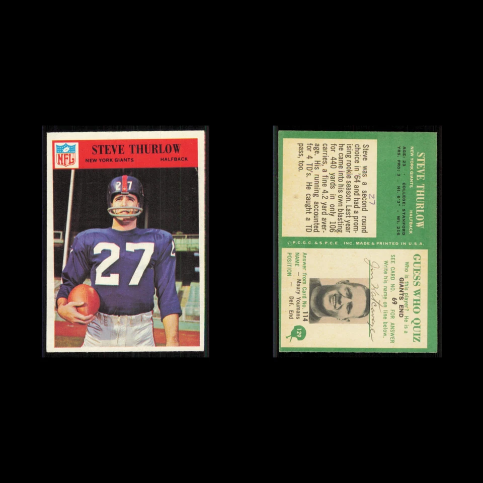 Steve Thurlow #129 1966 Philadelphia New York Giants Football Card NFL EX - Image 3 of 3