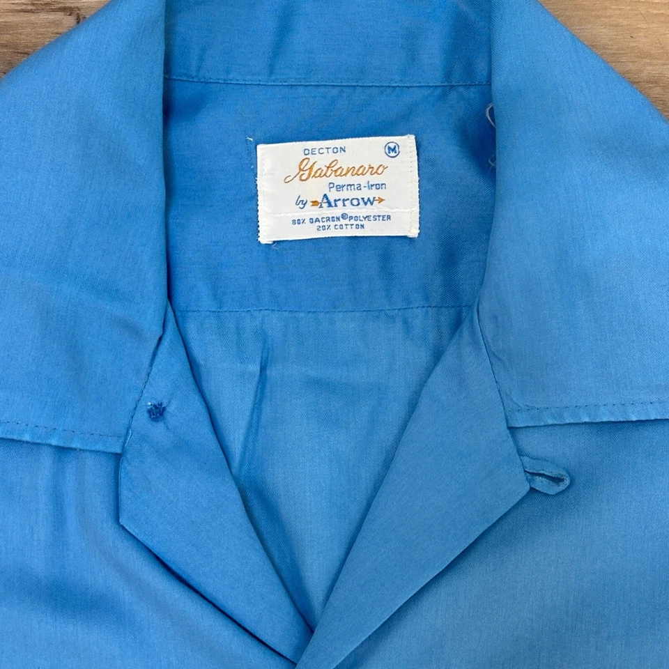 Vintage 1960s Arrow Gabanaro GABARDINE Shirt Mens Medium Blue Loop Collar Board - Image 4 of 4