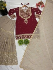 Women  Girls Wear Faux Georgette Maroon Top Sharara With Dupatta For Reception