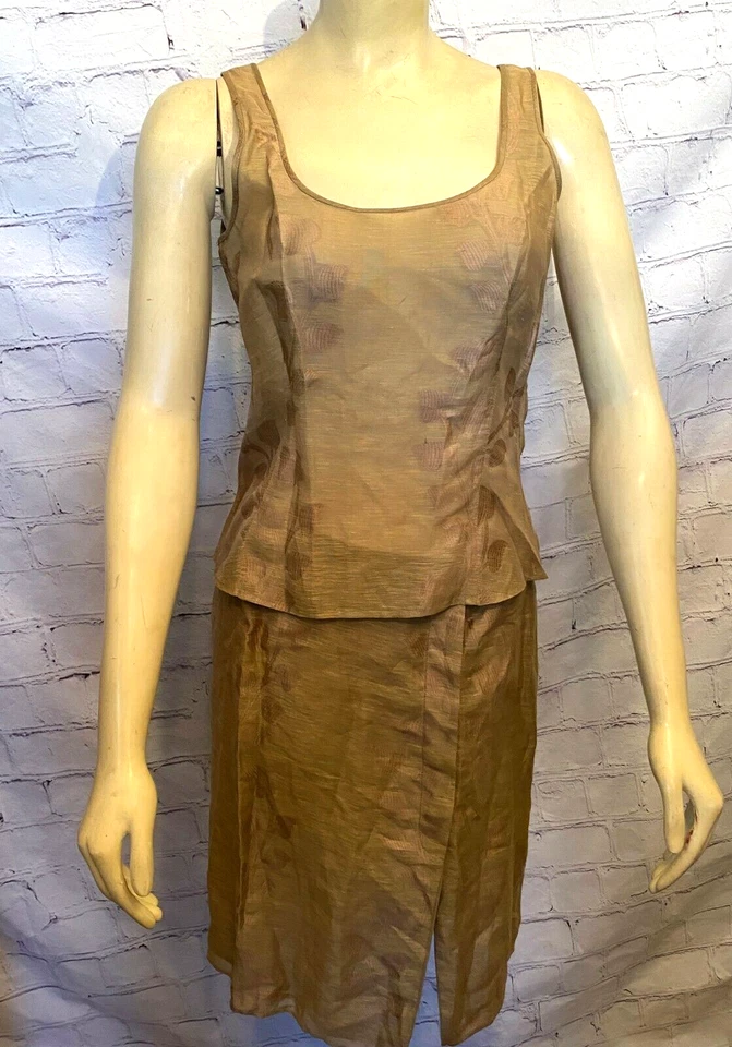 Terno saia de seda Giorgio Armani feminino bronze 3 peças tamanho 38 Itália jaqueta superior - Imagem 2 de 4