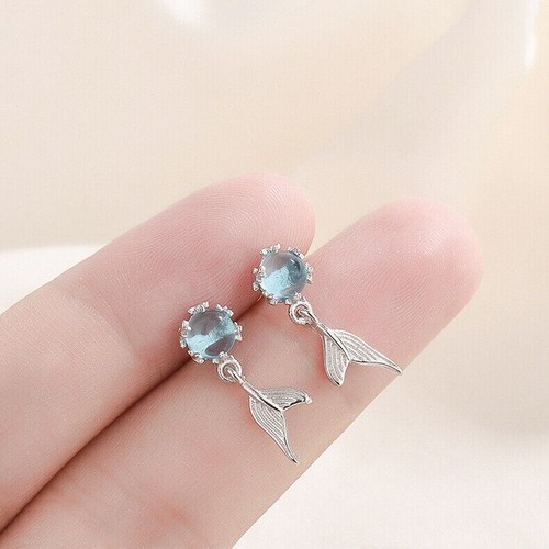 925 Sterling Silver Blue CZ Crystal Mermaid Stud Drop Earrings Women Girls Gift - Picture 4 of 8