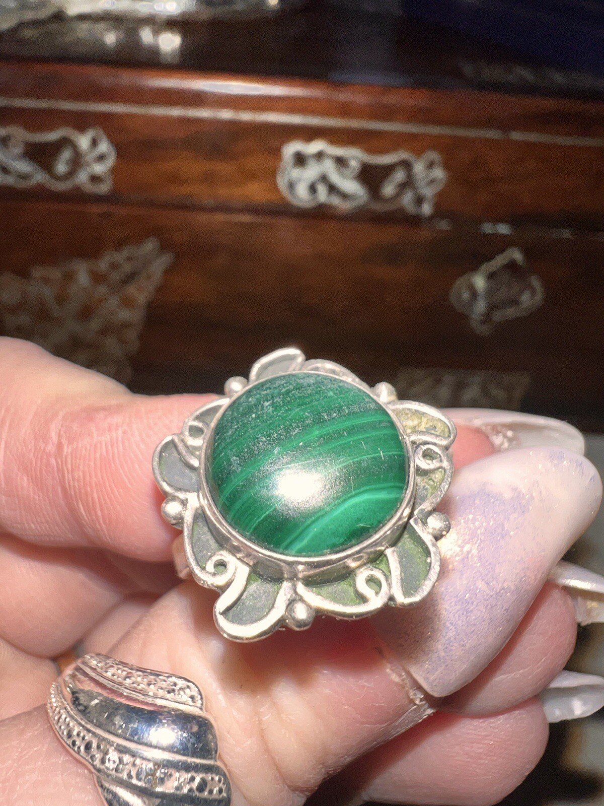 Unusual Solid Silver Adjustable Ring With Natural… - image 2