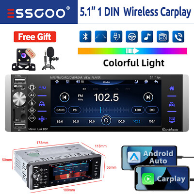Autoradio 1 DIN Wireless Carplay Android Auto USB AUX Bluetooth +Mikrofon Kamera