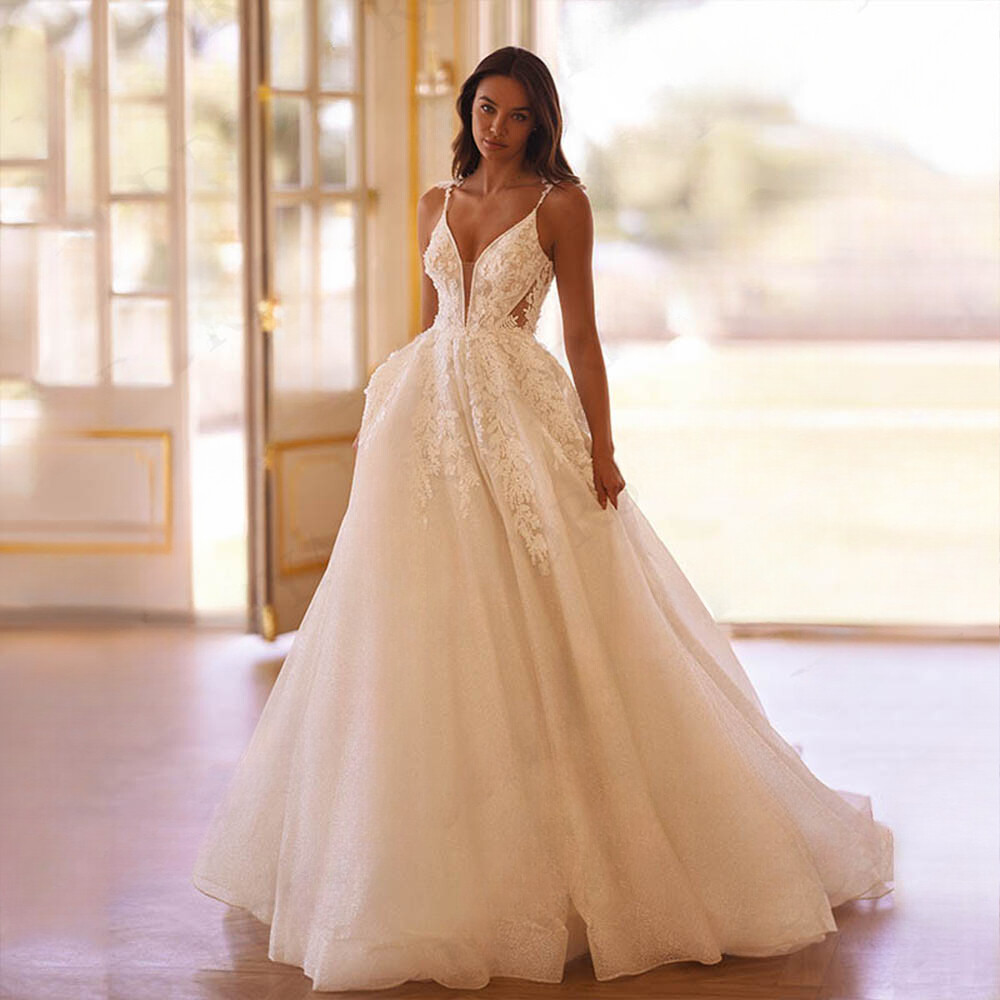 a line v neck spaghetti strap wedding dress A-Line V-Neck Embroidered Tulle Wedding Dresses with Spaghetti Strap