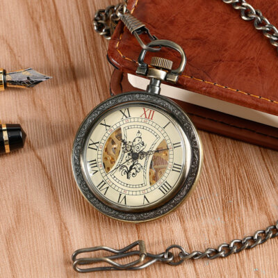 Klassische Bronze Unisex Skelett Mechanische Handaufzug Taschenuhr Anhänger Kette