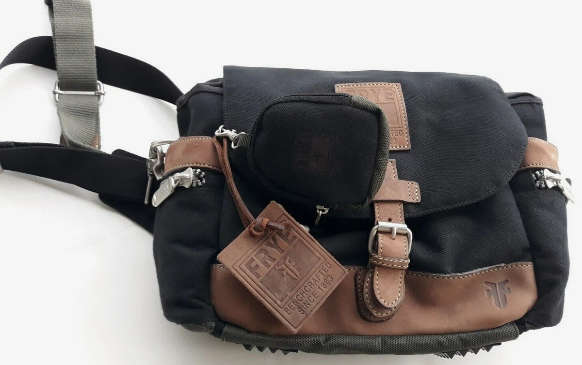 Frye Canvas Messenger Bag Travel Fanny Pack Crazy Horse Leather Brown Black New