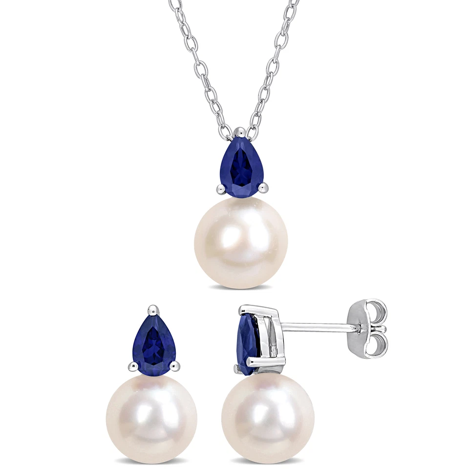 Amour Silver FW Pearl & Created Blue Sapphire Earrings, Pendant & Chain Set