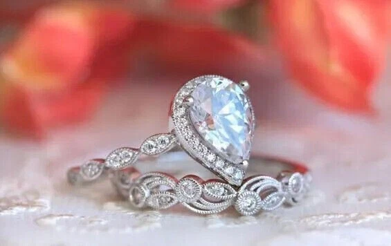 Conjunto de anel de noivado simulado de diamante corte pera 2,50 quilates ouro branco 14k tamanho 6,5 - Imagem 3 de 4