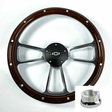 14" Billet Wood Steering Wheel w/ Bowtie Horn Adapter For 1969-1994 Chevy Cars