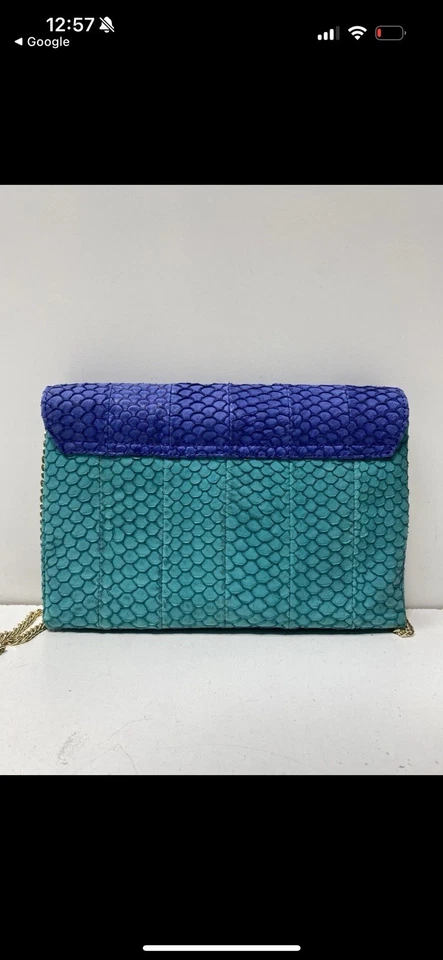 Bolso clutch azul y verde con herrajes dorados y correa de cadena #LOEFFLERRANDALL Foto 2 de 4
