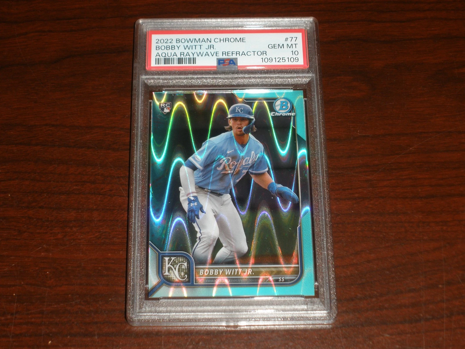 Deal for 2022 Bowman Chrome Rookie Aqua RayWave #77 Bobby Witt Jr 044/199 PSA 10 GEM