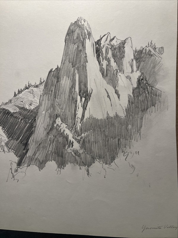 Yosemite Valley Etching By Leland Curtis California Artist Pencil Drawing B207