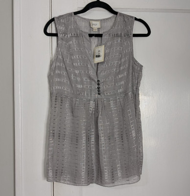 Eci New York 100% Silk Sleeveless Silver Top Women's Size 8 (M) Sheer Metallic