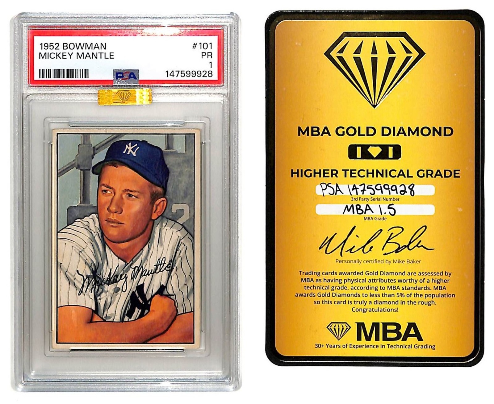 1952 Bowman Mickey Mantle MBA Gold Diamond #101 New York Yankees PSA 1