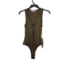 NWT IRIS Los Angeles Dark Olive V-Neck Laced Sleeveless Bodysuit Women L