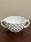 Vintage Fenton Art White Milk Glass Hobnail Ruffled Handled Bowl Dish